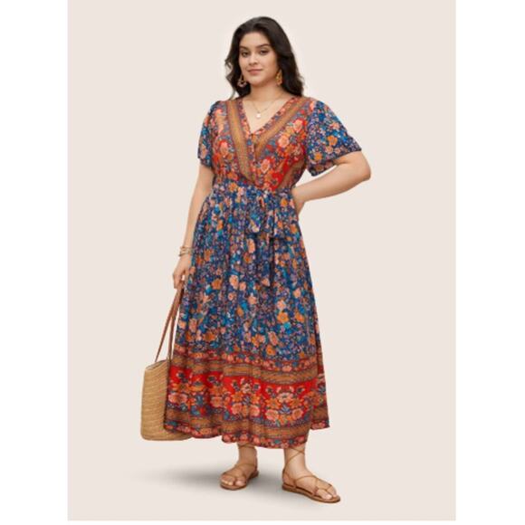 NWT Bloomchic Plus Sz 22-24 Bandana V-neck Pocket Belted Flutter Hem Maxi Boho - Picture 1 of 13